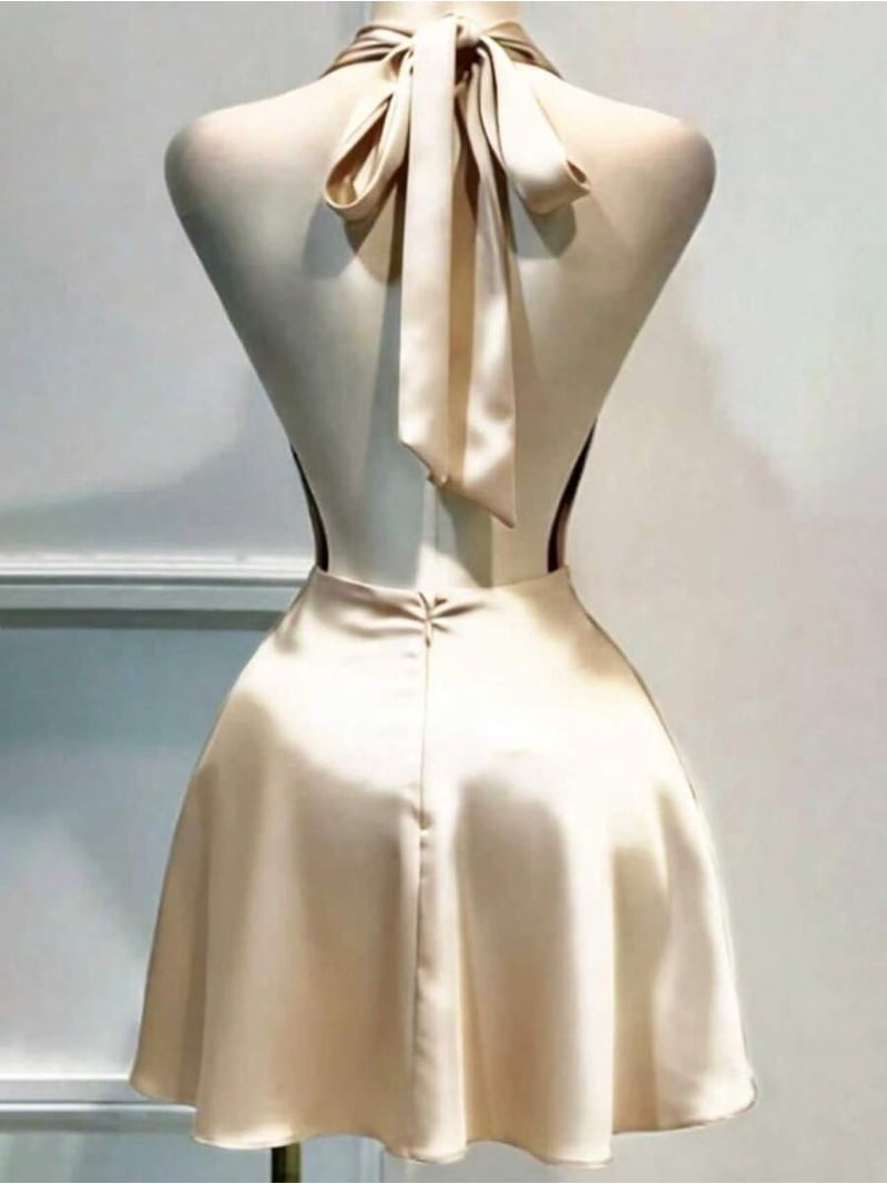Women Solid Satin Draped Backless Mini Dress, Elegant Flowing Short Dress, Sexy Summer Outfit for Beach Vacation Casual Dating Club Party Daily Going Out Wear