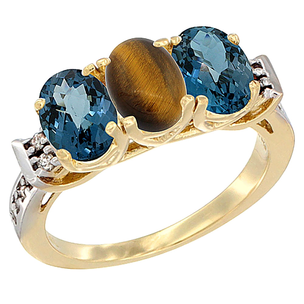 10K Yellow Gold Natural Tiger Eye & London Blue Topaz Sides Ring 3-Stone Oval 7x5 mm Diamond Accent, sizes 5 10 by WorldJewels