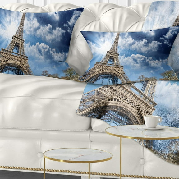 Designart Eiffel Under Blue Sky - Skyline Photography Throw Pillow - 12x20