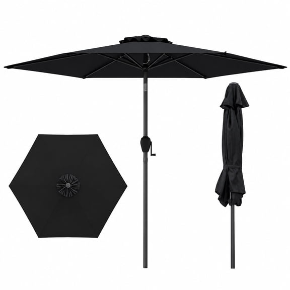 Biotree 7.5 FT Patio Market Umbrella with Crank Handle, Push Button Tilt, Air Vent & 8 Ribs, Outdoor, Black