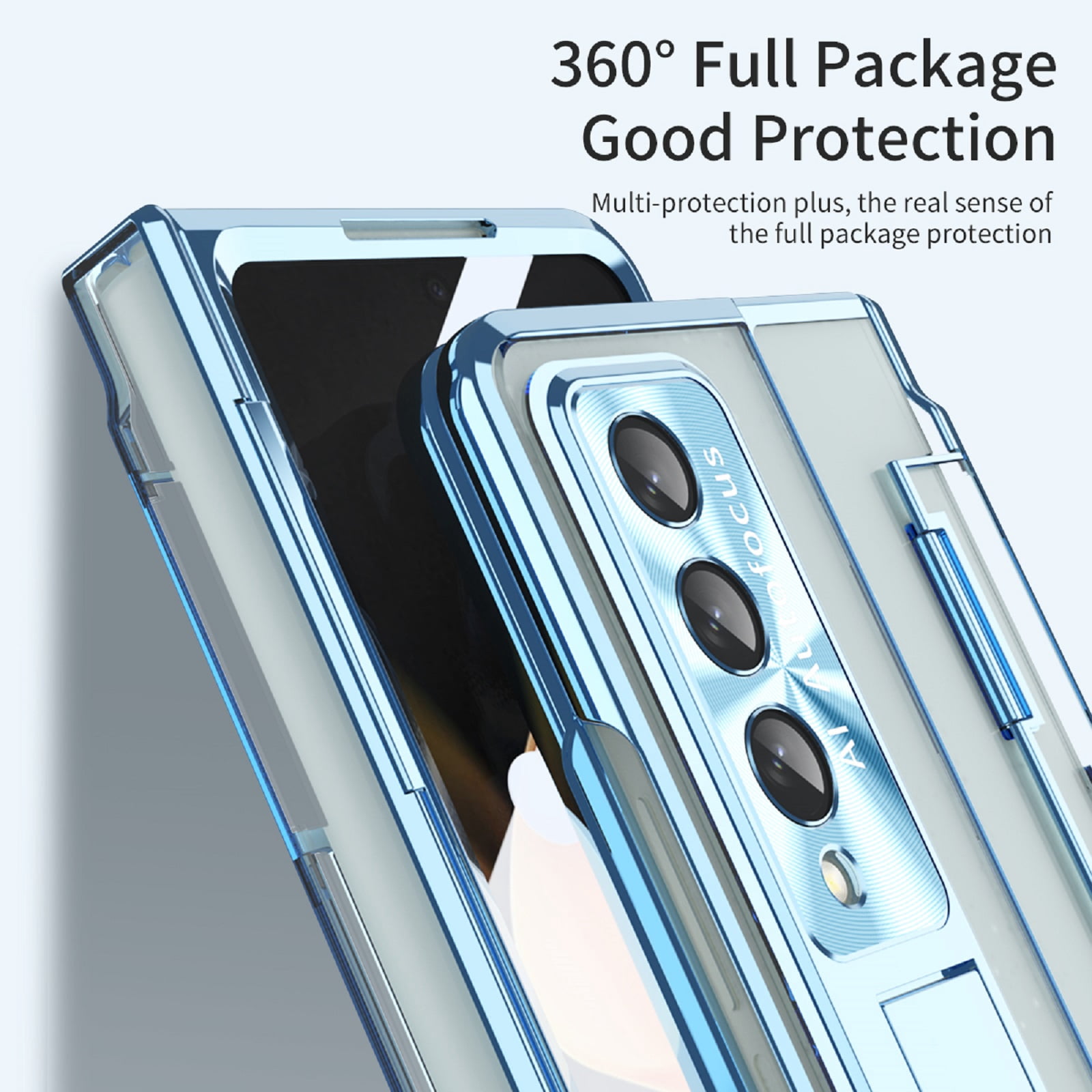 ELEHOLD for Samsung Galaxy Z Fold 4 Leveling Hinge Folding Case, HD Transparent Plating Frame Wireless Charging Hidden Kickstand 360° Full Protection Anti-Drop Shockproof Case for ZFold 4 7.6",Blue