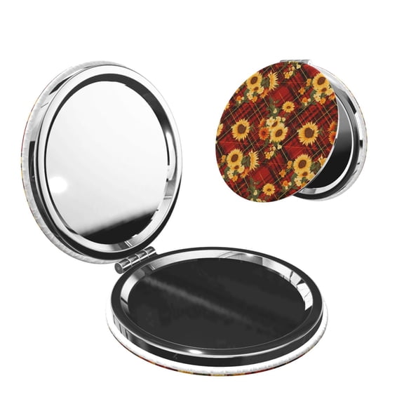 Kdxio Red Plaid Sunflower Pocket Mirror, 1X/2X Travel Makeup Mirror 2-Sided Folding Small Mirror Portable Double-Sided Magnifying Cosmetic Mirror for Gift-Round Shape