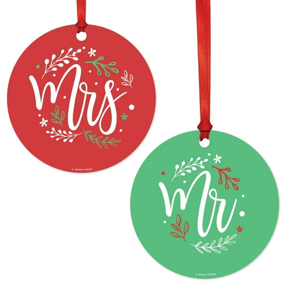 Elegant Scripted Calligraphy Round Metal Christmas Ornament, Mr. / Mrs., 2-Pack, Includes Ribbon and Gift Bag