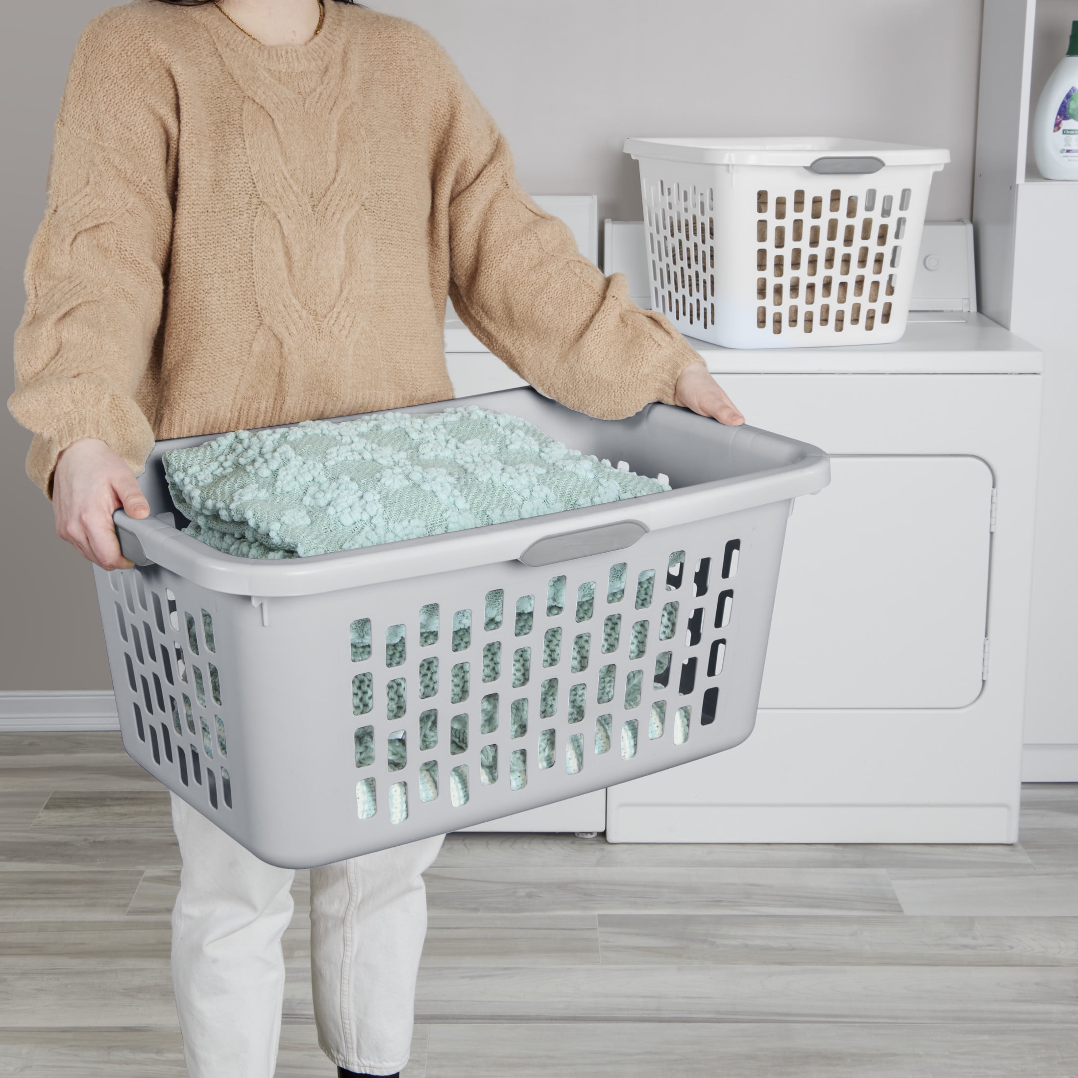 Sterilite Large 2 Bushel Plastic Laundry Basket with 4 Comfort Grip Handles, Light Gray