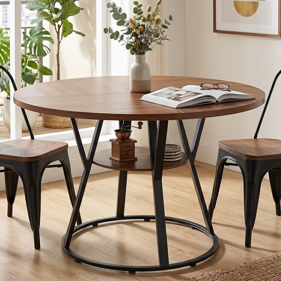 Ktaxon Modern Dining Table for 4, 47.2" Round Dining Room Table Kitchen Table 4 Seater with Storage Rack, Sturdy Metal Frame with Adjustable Feet, Brown