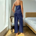 thumbnail image 4 of Besolor Women's Satin Pajamas Summer 2 Piece Outfits Cowl Neck Sleeveless Spaghetti Strap Cami Tops and Pants Sets Sleepwear Pjs Dark Blue, 4 of 5
