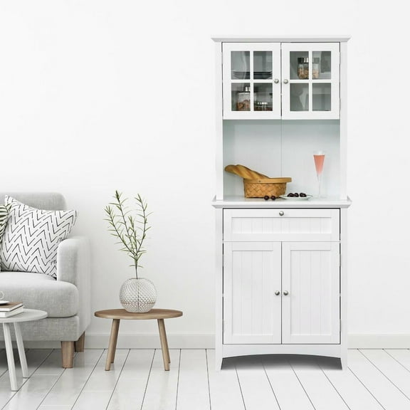 YYAo Kitchen Pantry Storage Cabinet with Framed Glass Door, Drawer and Microwave Space, Cabinet for Dining Room, Kicthen, White