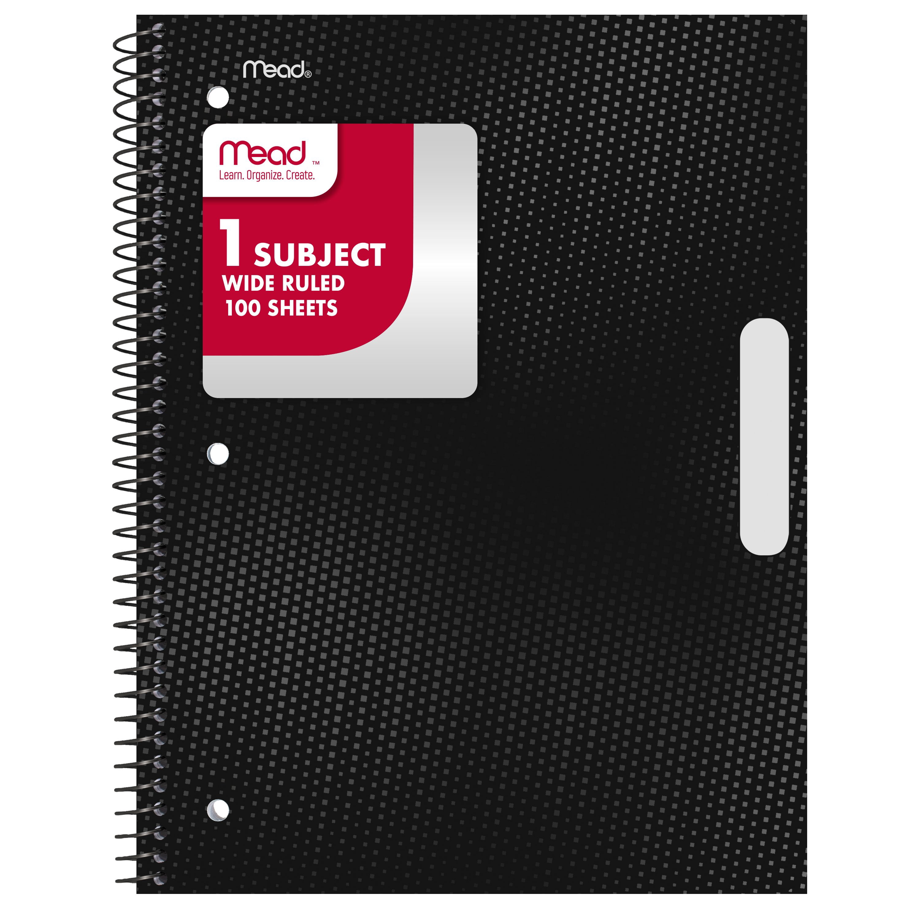 (2 pack) Mead 1 Subject Wide Ruled Notebook, 8" x 10.5", Black, Poly, Spiral, 100 Sheets
