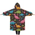 thumbnail image 2 of Oversized Wearable Blanket Hoodie,DarkBrown Cartoon Dinosaurs Colorful Plants Pattern Sherpa Blanket Hoodie with Super Pockets,Super Warm Fuzzy Pullover for Women & Men, 2 of 6