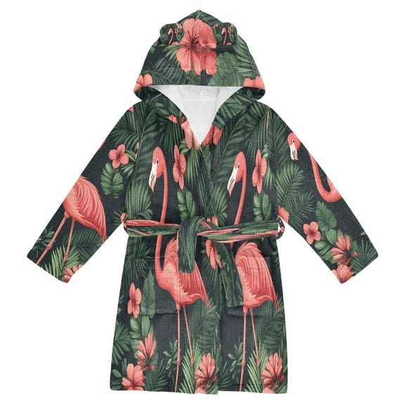 FORMRS Niños Bathrobe Unisex Hooded Robe Soft Plush Pajamas Sleepwear, Size 2-3T, Red Flamingo Pattern