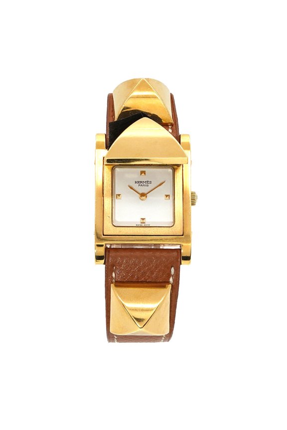Pre-Owned Hermes Medor Women's Watch, Pyramid Design, Gold Studs, White and Brown Leather...