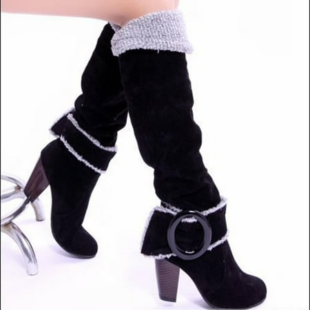 

Juebong Christmas Deals Ladies Comfortable Cuffed Suede Belt Buckle Round Toe Chunky High Heel Over Knee Sleeve Boots 6 Black