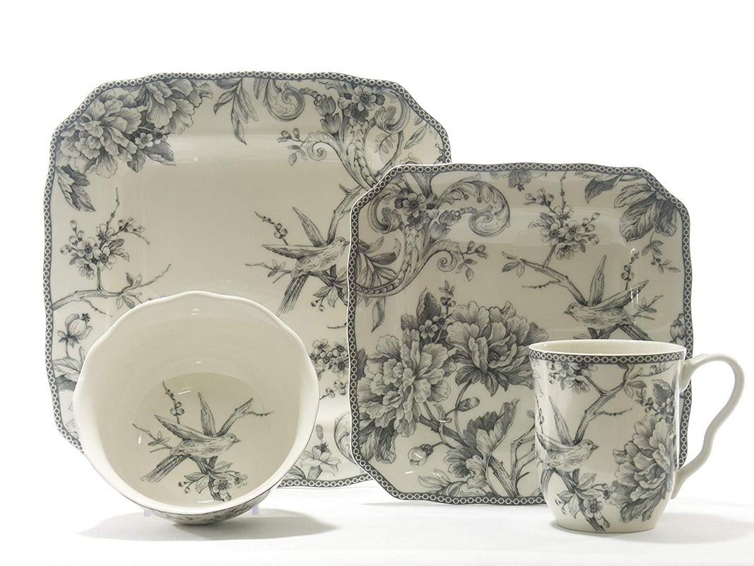 222 Fifth Adelaide Grey 16 Piece Dinnerware Set Square, Service for