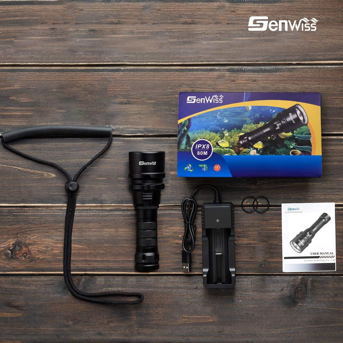 Genwiss XM-L2 LED Scuba Diving Flashlight, 2000 Lumens Waterproof Underwater Dive Torch with Rechargeable Battery