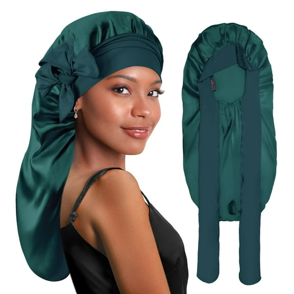 Long Silk Braid Bonnet Nightcap with Tie Band Darkish Green