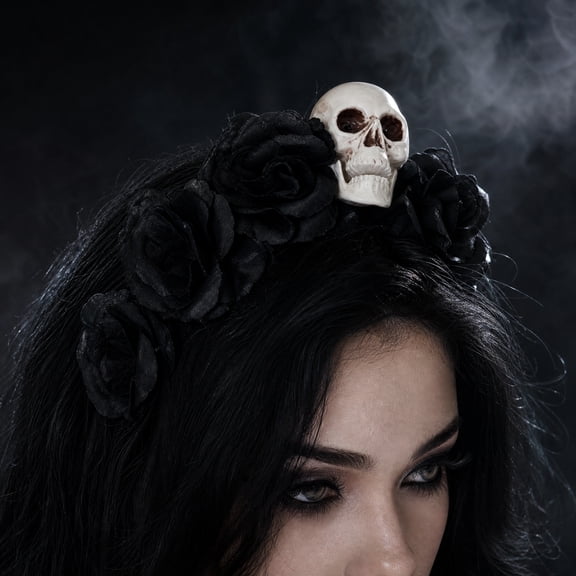 Masquerade Dress Up Headwear, Floral Decorations for Party, Halloween Skeleton Accessory, Dia de Los Muertos Decor Headpiece, Black Chiffon Flower Skull Headband for Vampire