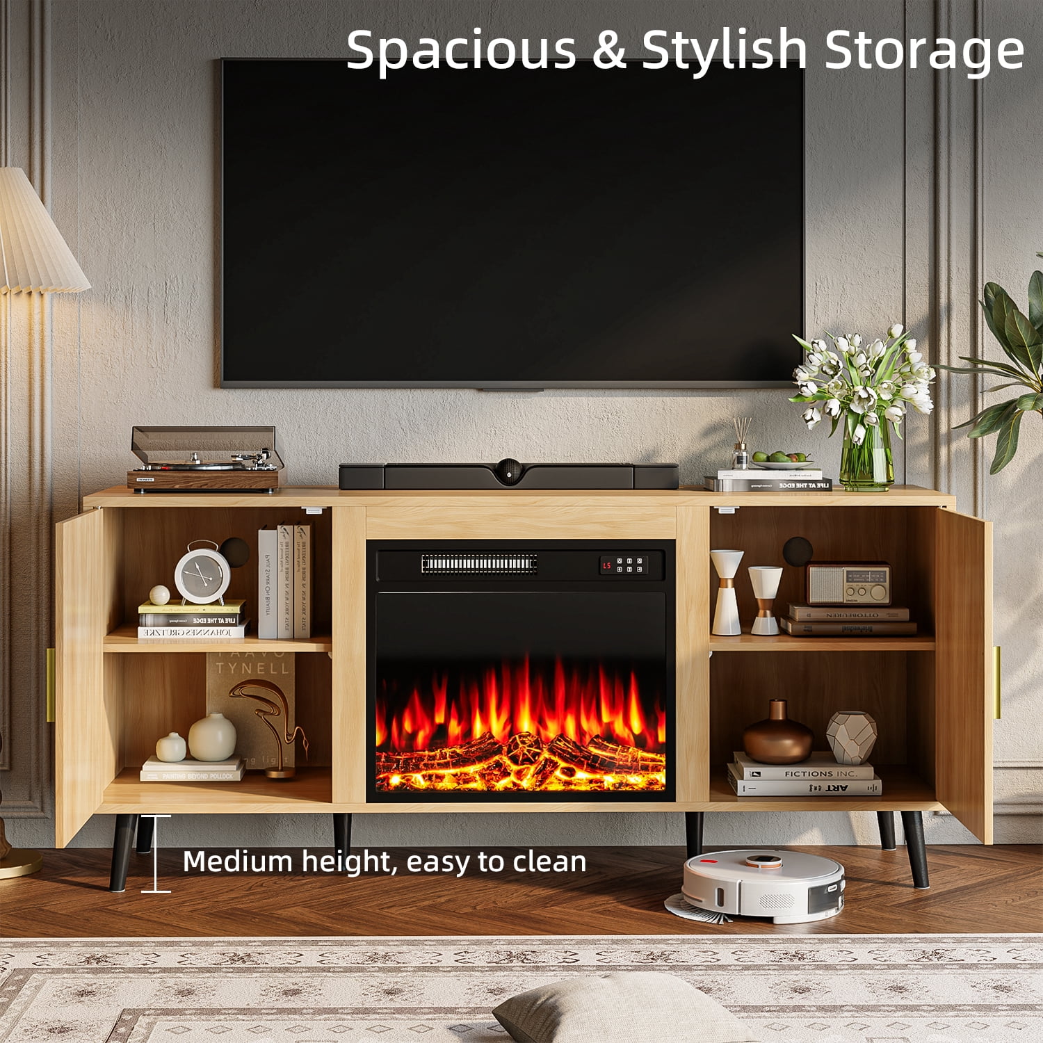 Bossin 58" Wood Mid Century Modern TV Stand with Fireplace, Entertainment Center up to 65" TV,Electric Fireplace TV Stand for Living Room
