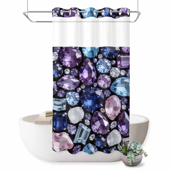 No Hook Shower Curtain, Jewelry Shower Curtains for Bathroom with See Through Top Window, Blue Purple Gemstone Classic Black Waterproof & Washable Bath Curtain Stand Up Stall 36"x72"