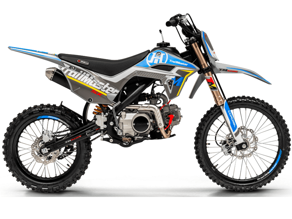 Trailmaster SX125 Dirt Bike, 124cc, Max Speed 50 mph, Ages 16+, 4-Speed Manual, Air-Cooled Engine, Electric & Kick Start, 19/16 Tires, 32.7" Seat Height (Blue)