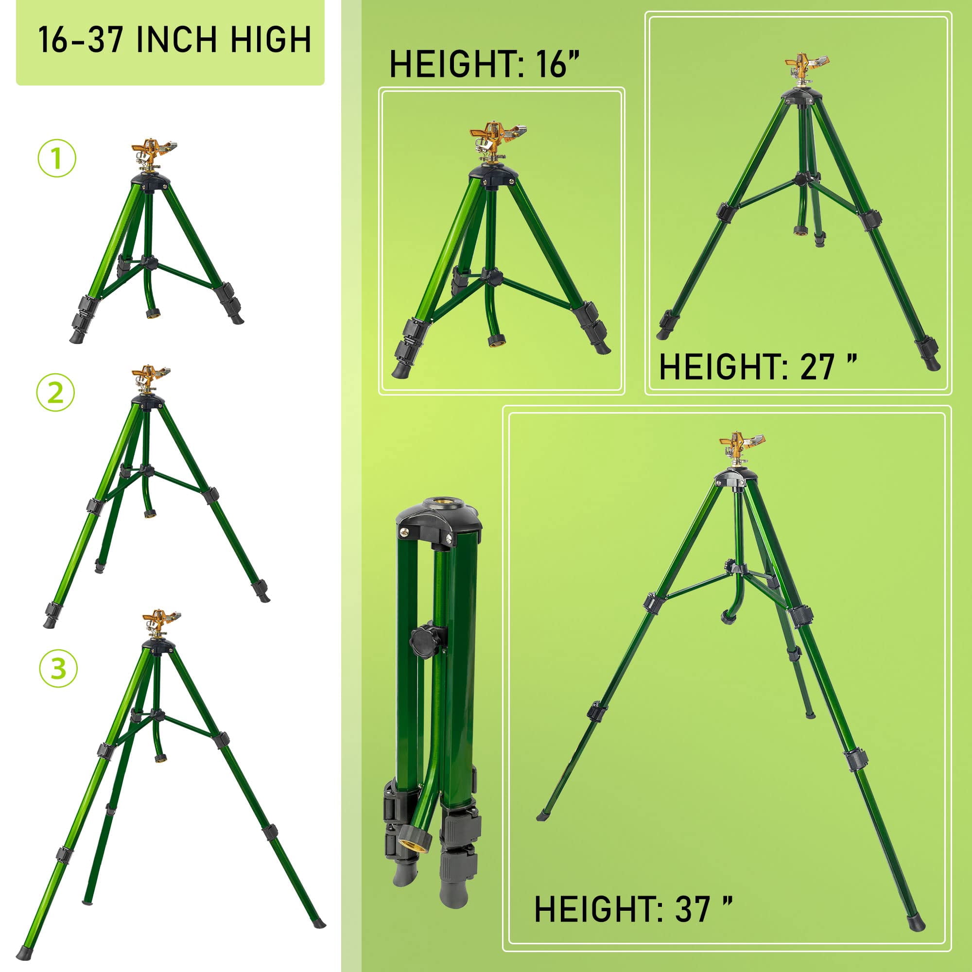 Impact Sprinkler On Tripod Base  Heavy Duty Brass Sprinklers For Yard Lawn Garden 0-360 Degree Large Area Coverage 3/4 Inch Connector Extension Flip Locks With Head