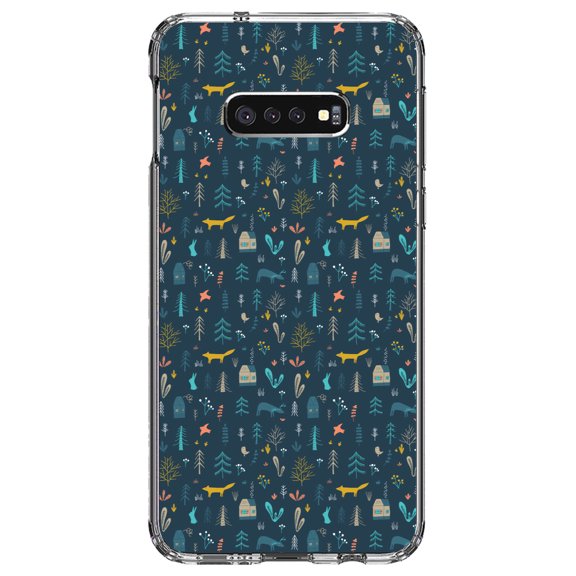 DistinctInk Clear Shockproof Hybrid Case for Samsung Galaxy S10e (5.8" Screen) - TPU Bumper, Acrylic Back, Tempered Glass Screen Protector - Modern Floral - Navy - House, Deer, Tree