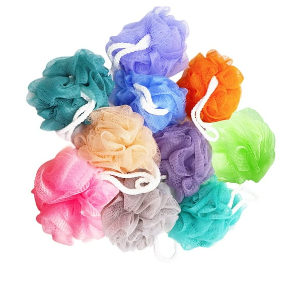 Paquete de 10 esponjas de baño de esponja de tamaño pequeño para ducha, puf, exfoliante, bola de malla, esponja de baño y ducha para niños, mujeres, hombres, lavado corporal, baño
