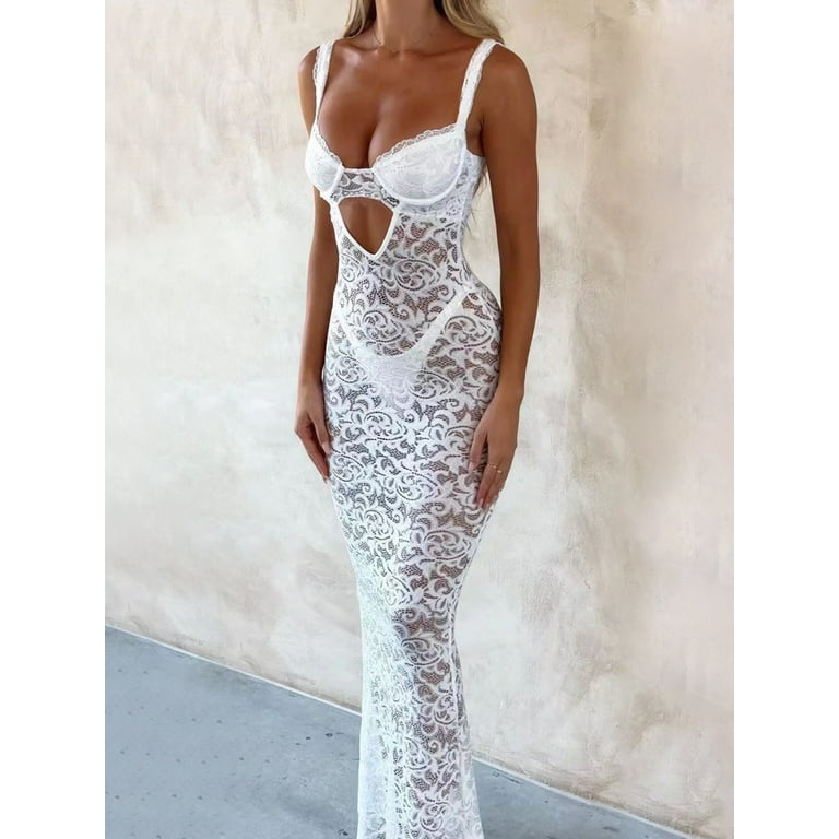 Sexy Lace Hollow V Collar Backless Evening Dress Sexy Lace Hollow V Collar Backless Evening Dress