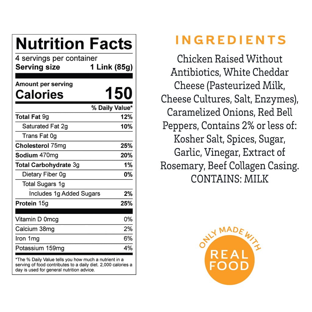 Amylu Foods Caramelized Onion & White Cheddar Chicken Sausages, 12oz, 4 Count, Refrigerated