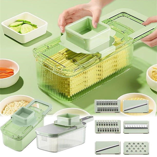 Xihbxyly Picadora de Verduras Multifuncional, 6 Cuchillas de Acero Inoxidable, Bandeja Grande, Fácil de Limpiar, Organizador de Cocina, Apto para Lavavajillas, para Uso Doméstico, Color Verde, 1 Jueg