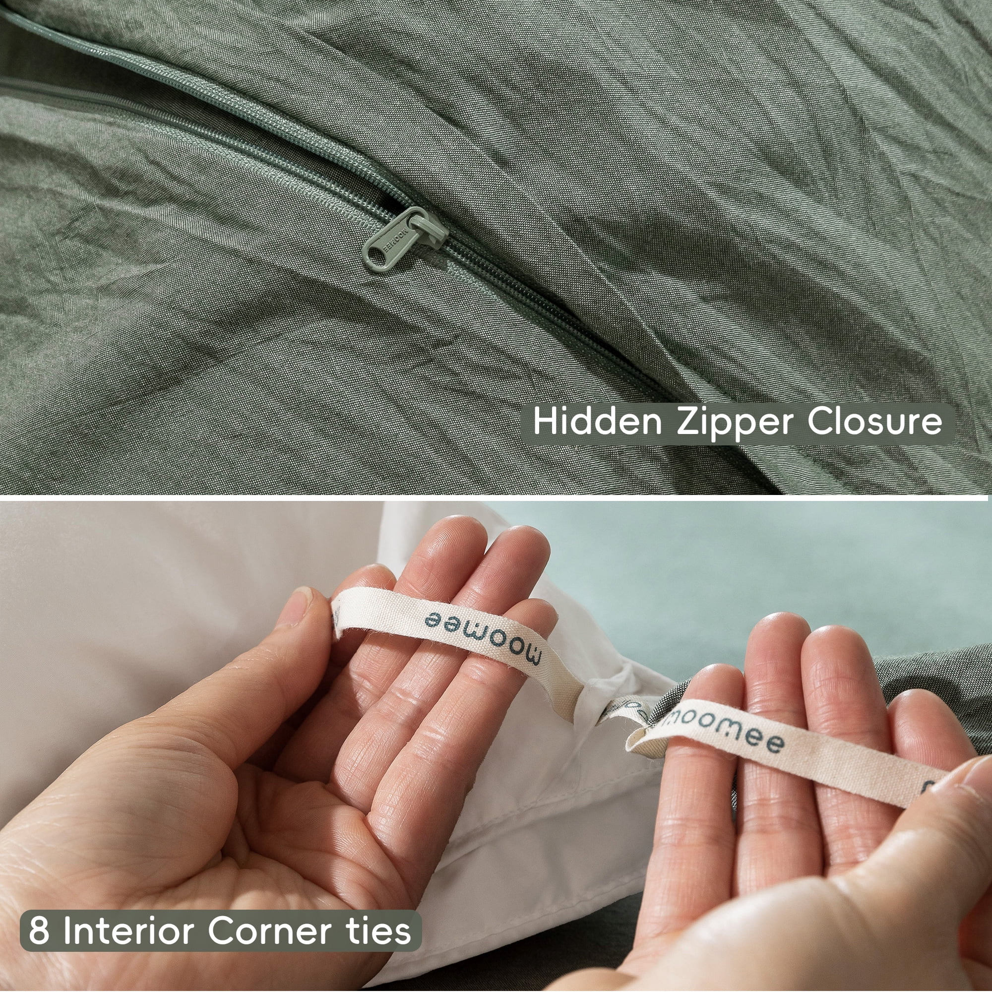 MooMee 100% Washed Cotton Duvet Cover Set King Linen Like Textured Breathable 3-Piece (Heathered Green, 104" x 90")