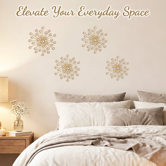 4 Pcs Gold Metal Wall Decor, Rhinestone Sunburst Wall Art, Art Deco Crystal Wall Hanging Set for Living Room, Entryway, Bedroom, Office Decoration