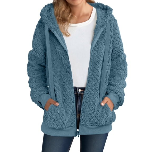 Admvng Winter Coats for Women Plush Fleece Long Sleeve Zip Hooded Jacket Casual Warm Outerwear, Size S-2XL
