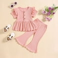 thumbnail image 2 of Ashirexll Girls Summer Outfits, Girls Summer Sets, 1-5 Years Girls' Casual Summer Outfits Solid Color Ruffle Short Sleeve Round Neck T-shirts and Long Pants Two Piece Sets, 2 of 7