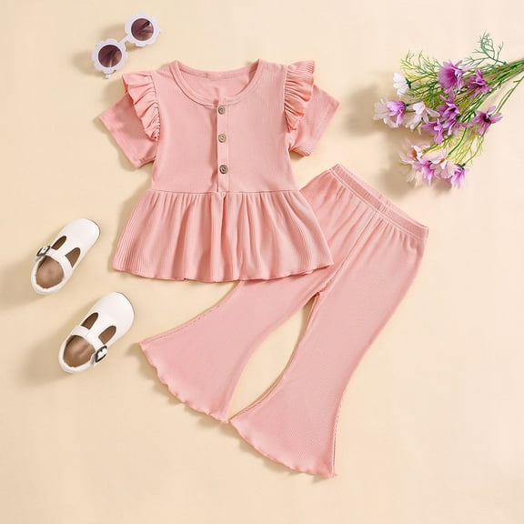 kttectoa Summer Outfits for Girl Girls Fashion Ruffle Sleeve Button Swing Tops and Elastic Waist Flared Pants Clothing Sets Toddler Girl Summer Clothes 1-5T Cyber_Monday