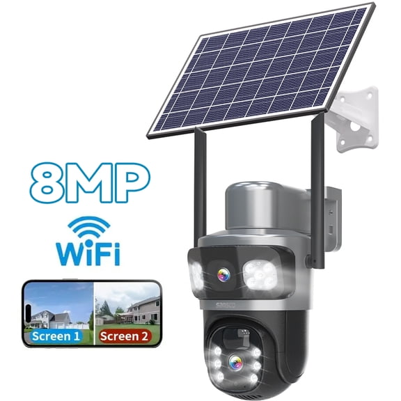 SANSCO 4K Dual Lens Solar Security Cameras Wireless Outdoor, 8MP 2.4GHz & 5GHz WiFi Waterproof Camera, 360° View Pan/Tilt Home Security Camera with Color Night Vision, Two Way Audio, PIR Alarm