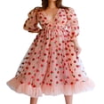 thumbnail image 4 of Robe Fraise pour Femmes Manches Courtes Longues Col en V Ajustée Robe Trapèze, 4 of 4