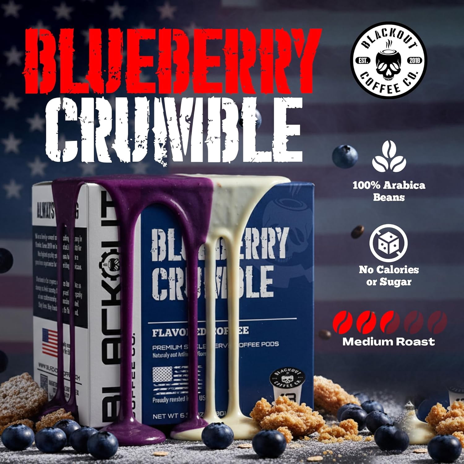 Blackout Coffee Blueberry Crumble Flavored Coffee Pods – Medium Roast, Smooth Taste, Guilt-Free Indulgence – Freshly Roasted 18 Count