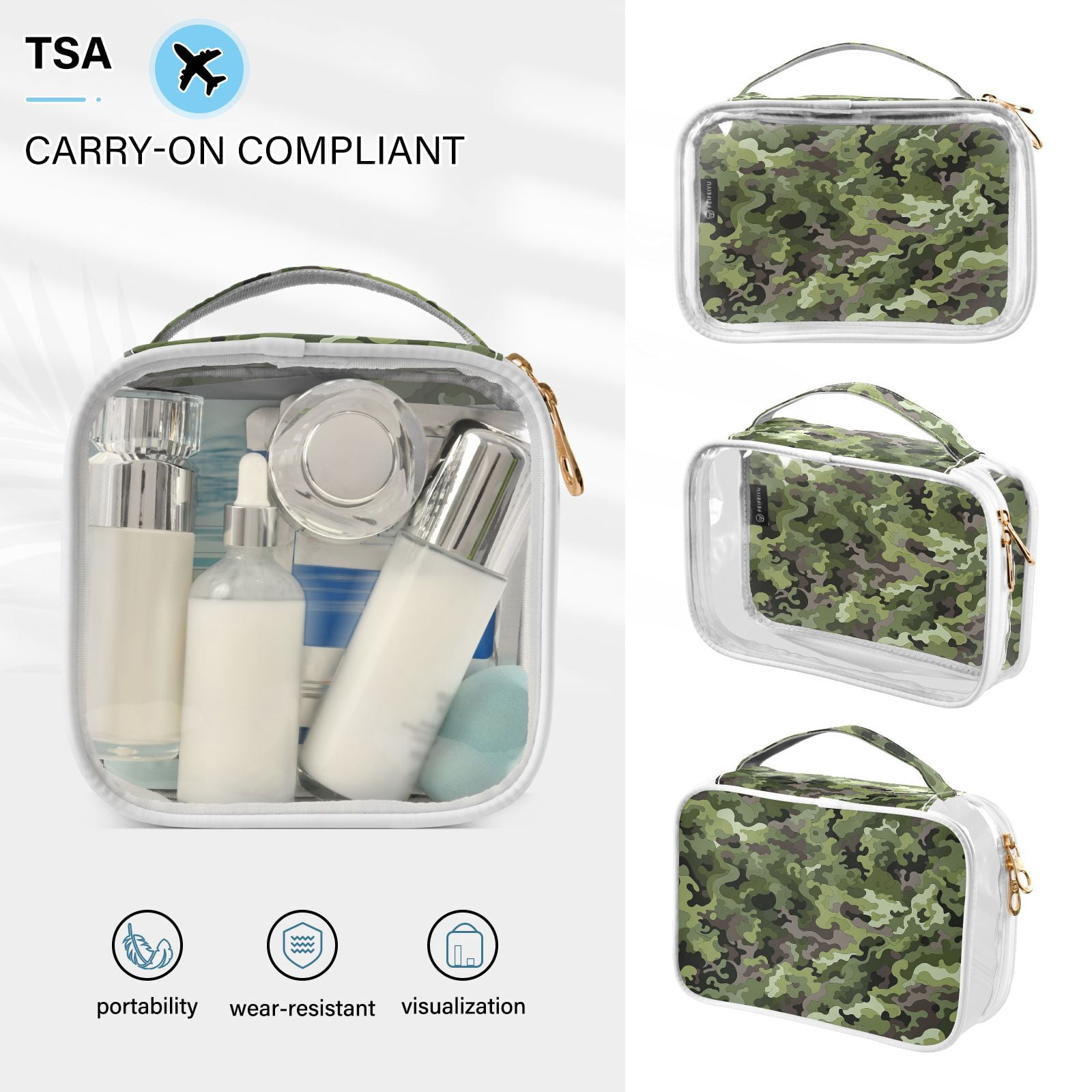 Clear Makeup Bags with Handle Large Opening 2 Pack Set Toiletry Bag Quart Size Bag, for Women Man Traveling Travel Essentials, Toiletries and Other. Camouflage