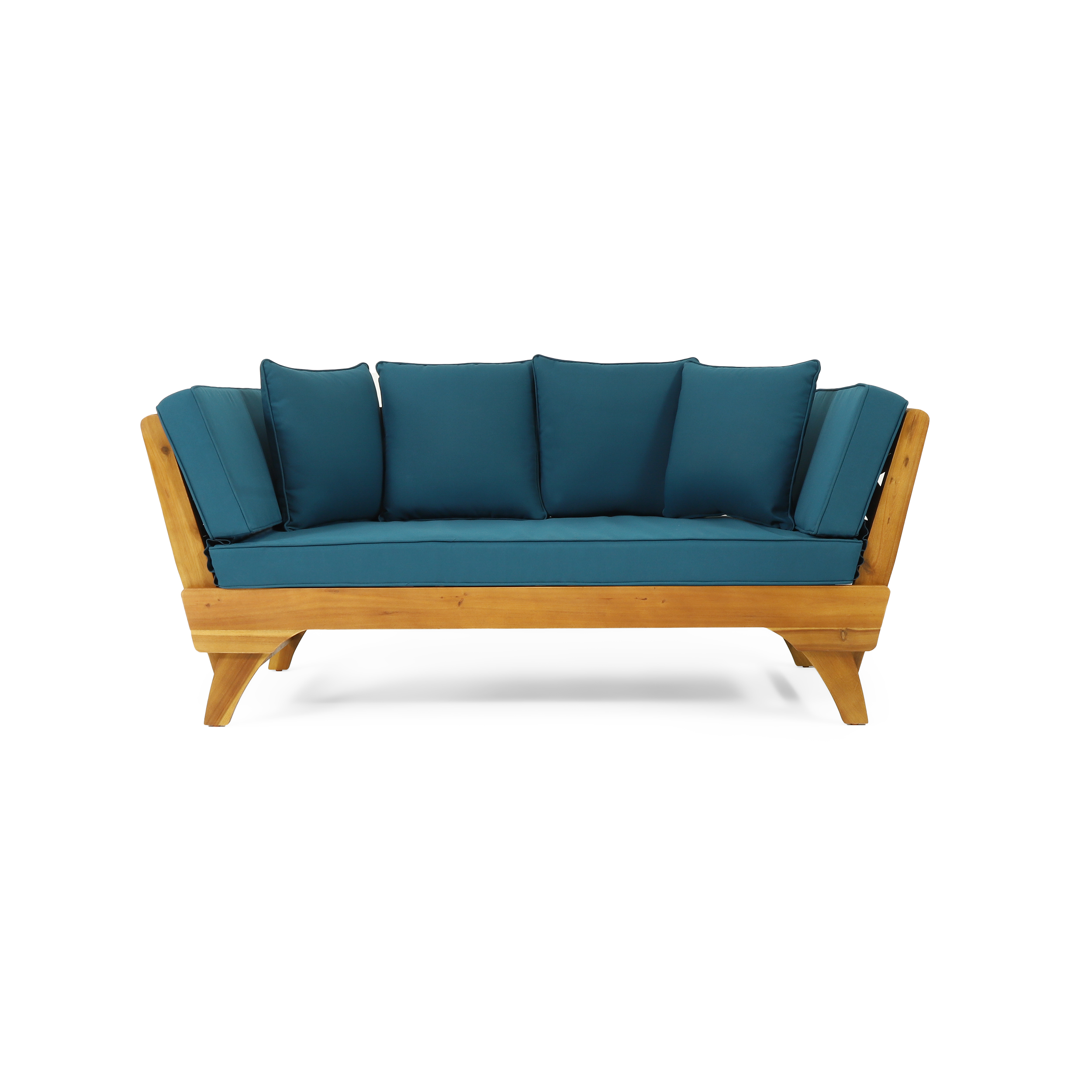 Outdoor Convertible Sofa Rest Bed with Cushions, Expandable Acacia Wood Leisure Furniture for Patio Garden, Teak and Beige