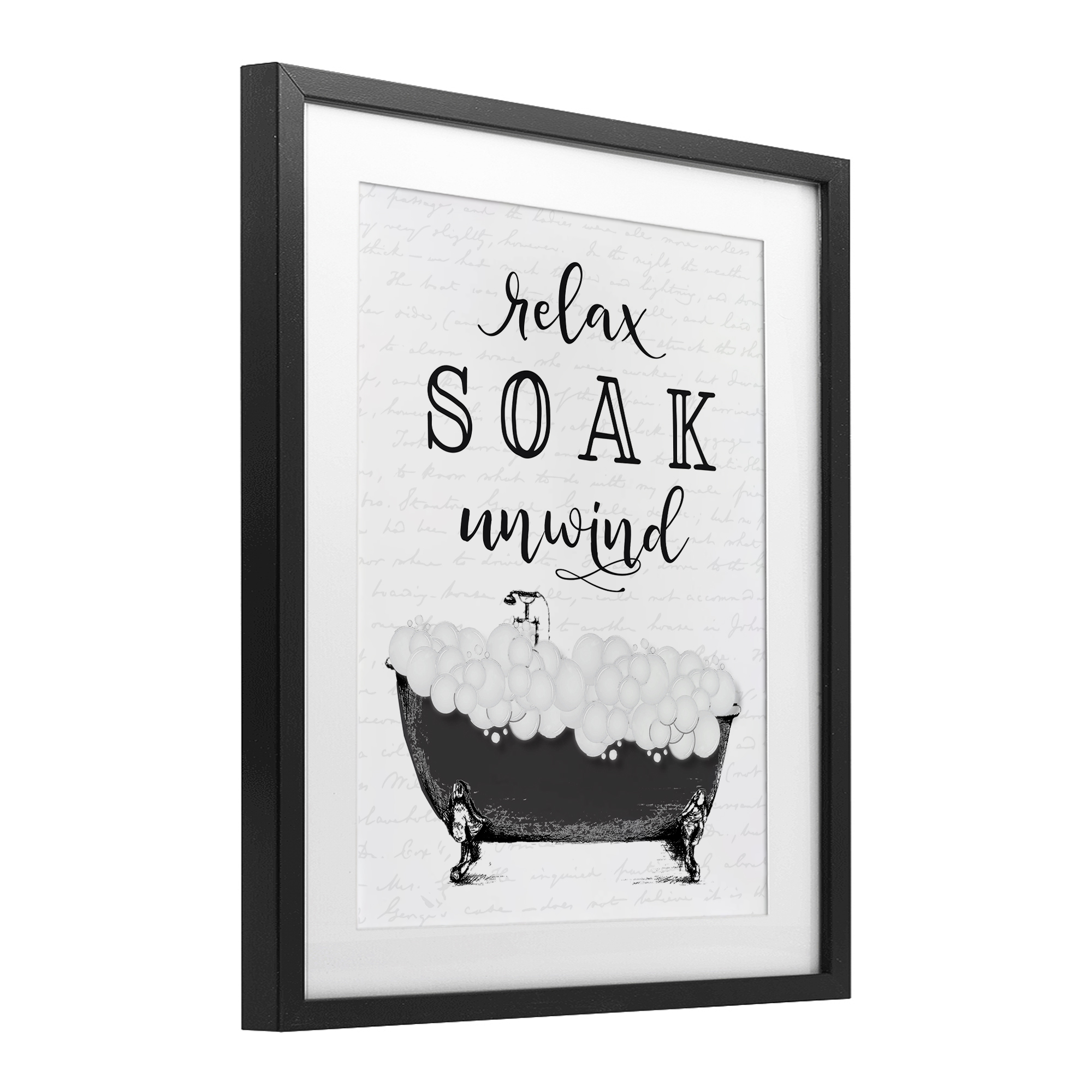 Soak Unwind Bubble Bath Black Framed Print Under Glass, design by Lettered and Lined