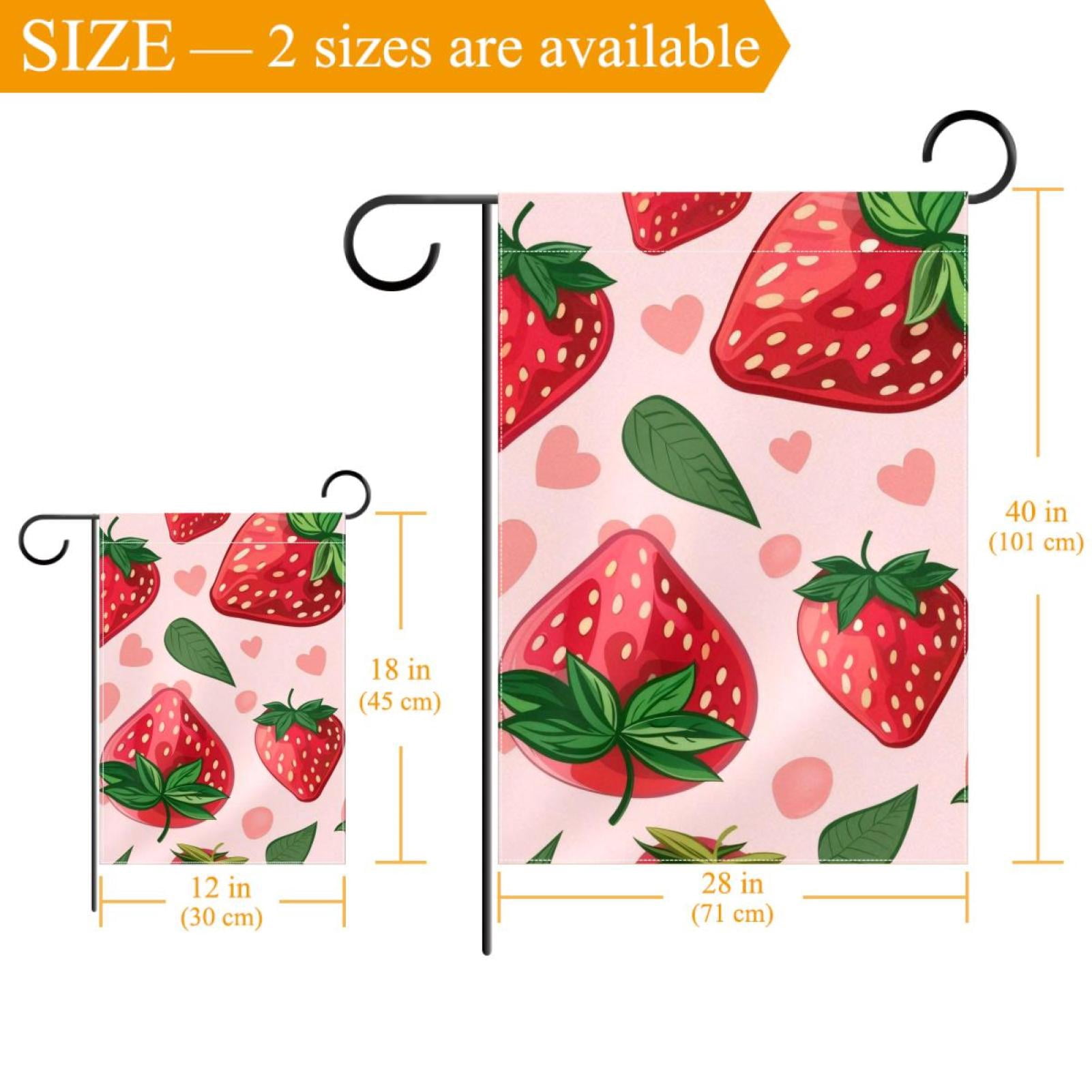 Welcome Strawberry with Green Leaves Pink Hearts Garden Flag, Vertical Double Sided Small House Flag, Yard Farmhouse Outdoor Deck Veranda Lawn Decor 28x40 Inch