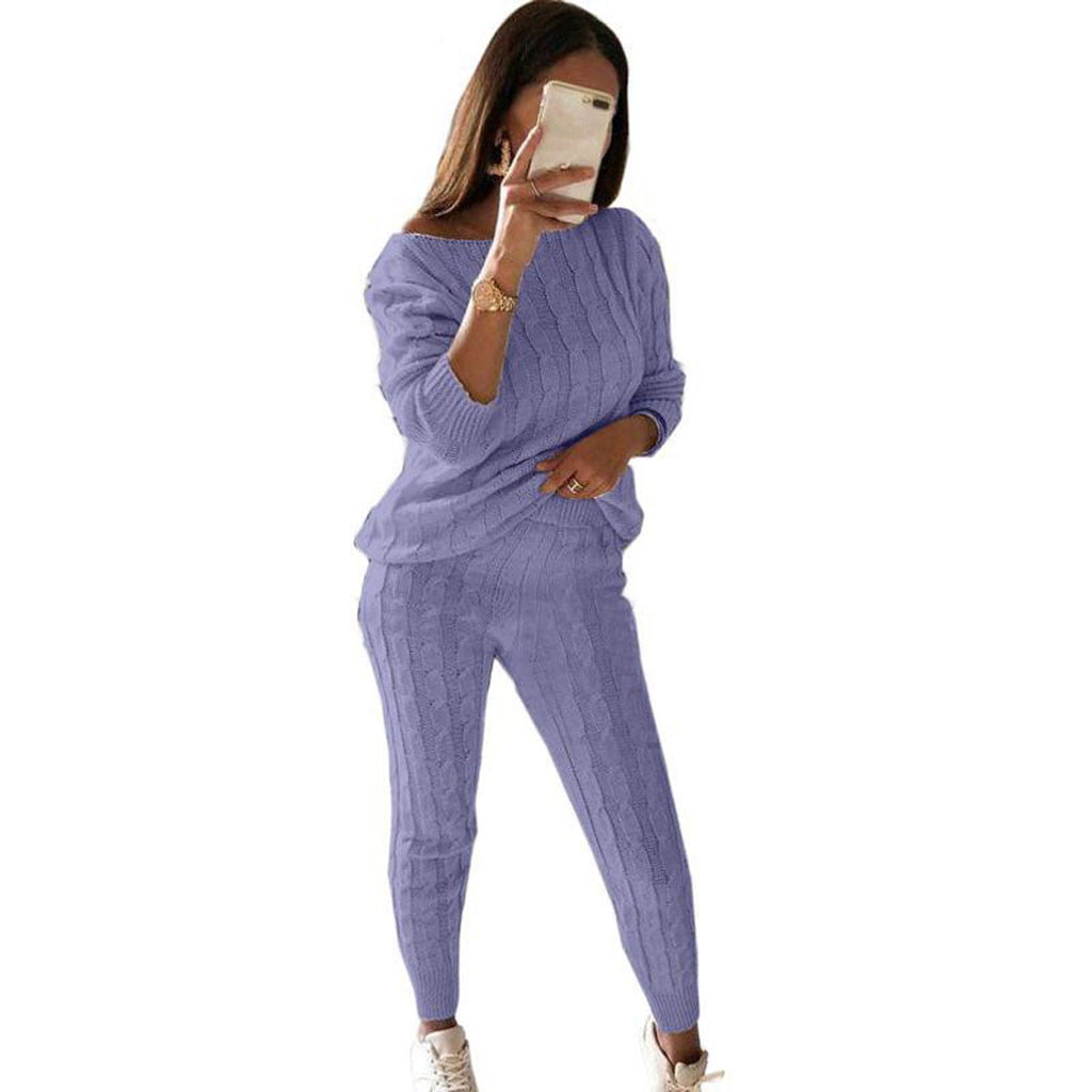 New Womens Ladies Cable Knit Knitted Warm 2pc loungewear set Casual Tracksuit UK 
