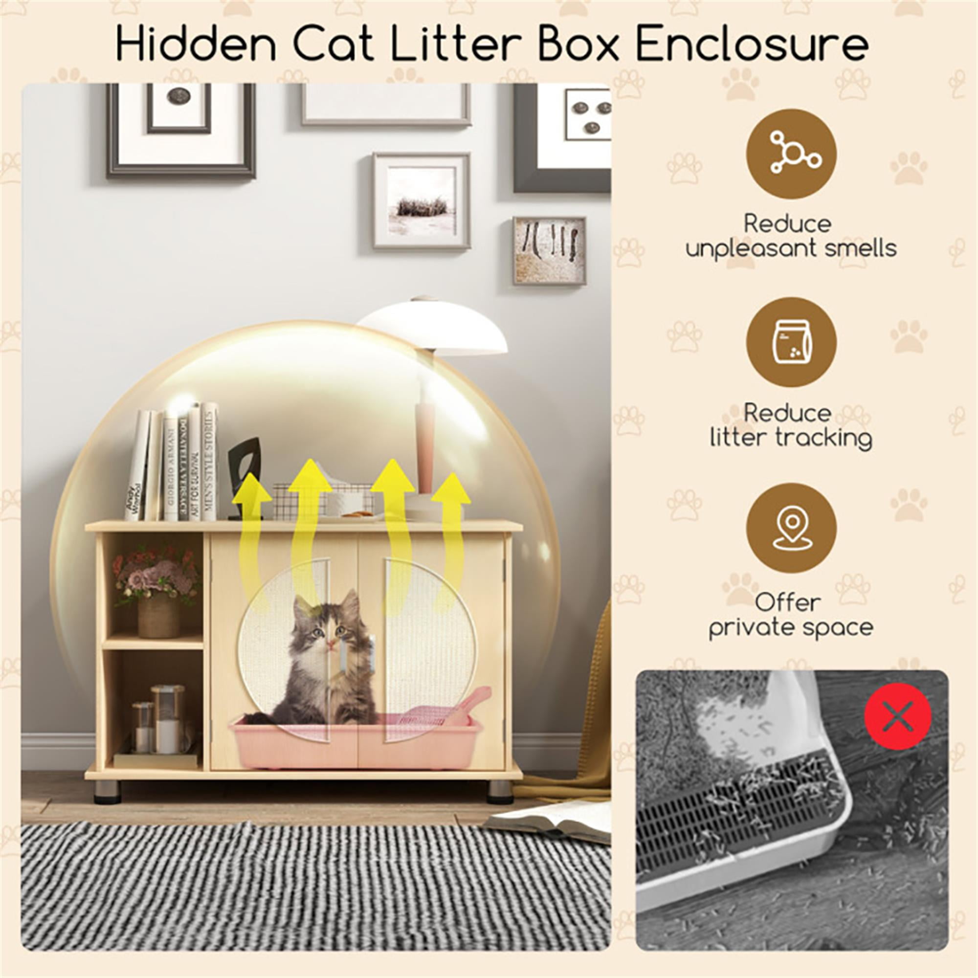 Kadyn 32" Wood Cat Litter Box Enclosure Furniture with Sisal Scratching Doors, Adjustable Metal Feet Cat Washroom Storage, Beige