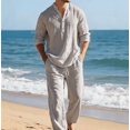 thumbnail image 2 of Amzcrzy 2 Piece Sets for Men Gray Cotton Linen Long Sleeve Henley Shirt with Rolled Cuff Buttons Drawstring Beach Pants for Men Lightweight Breathable Casual Vaction Outfits with Pockets Gray S, 2 of 8