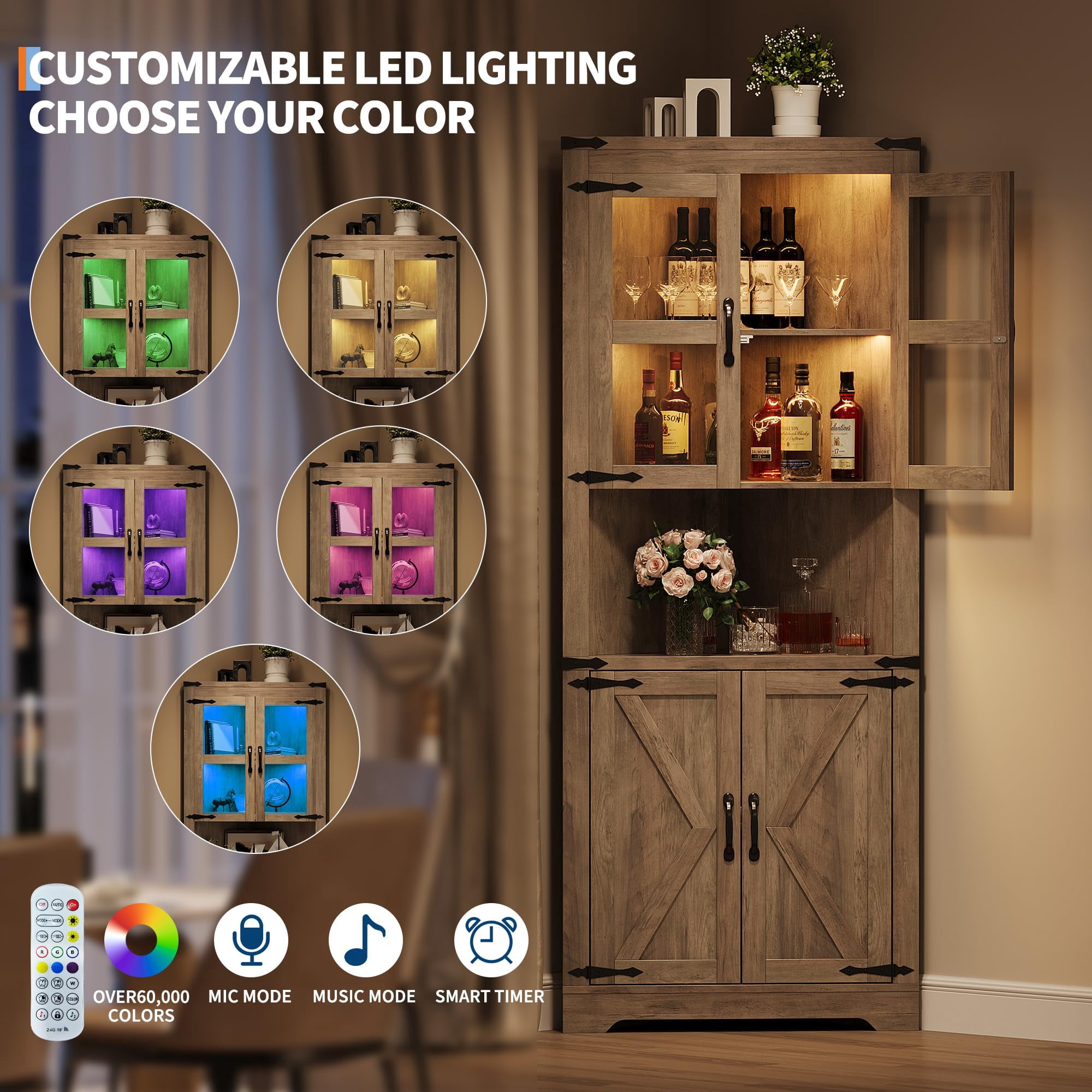 Corner Storage Cabinet with Glass Doors, Double-Door Corner Cabinet, Corner Cabinet with Shelves, Corner Cabinet with Light Strips-gray