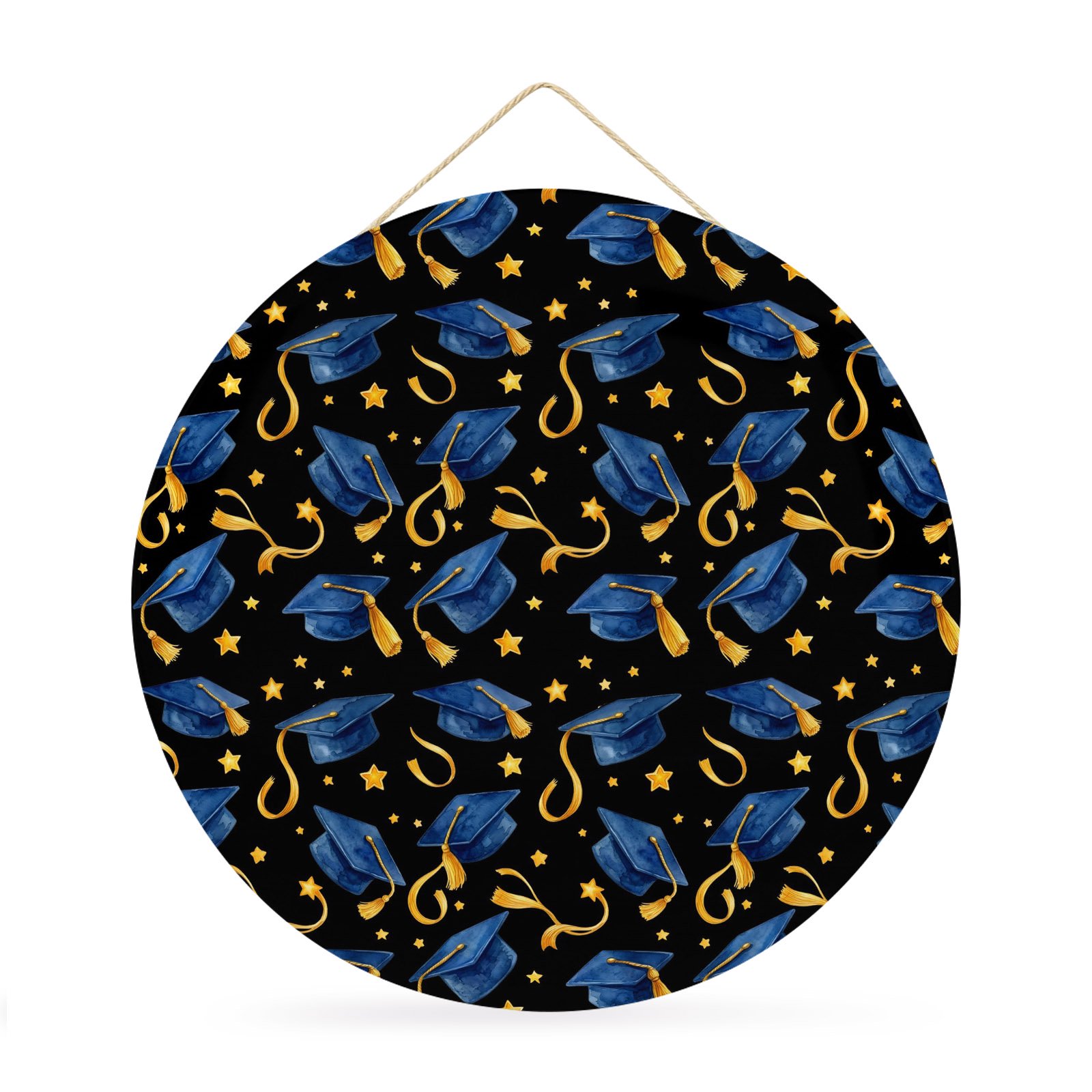 Welcome Sign Front Door Decorations Blue Graduation Cap Tassels Round Wall Art Outdoor Metal Wreaths Modern Star Graduation Black Seasonal Hanging Sign for Home Porch Decor Warming Gift 12 In