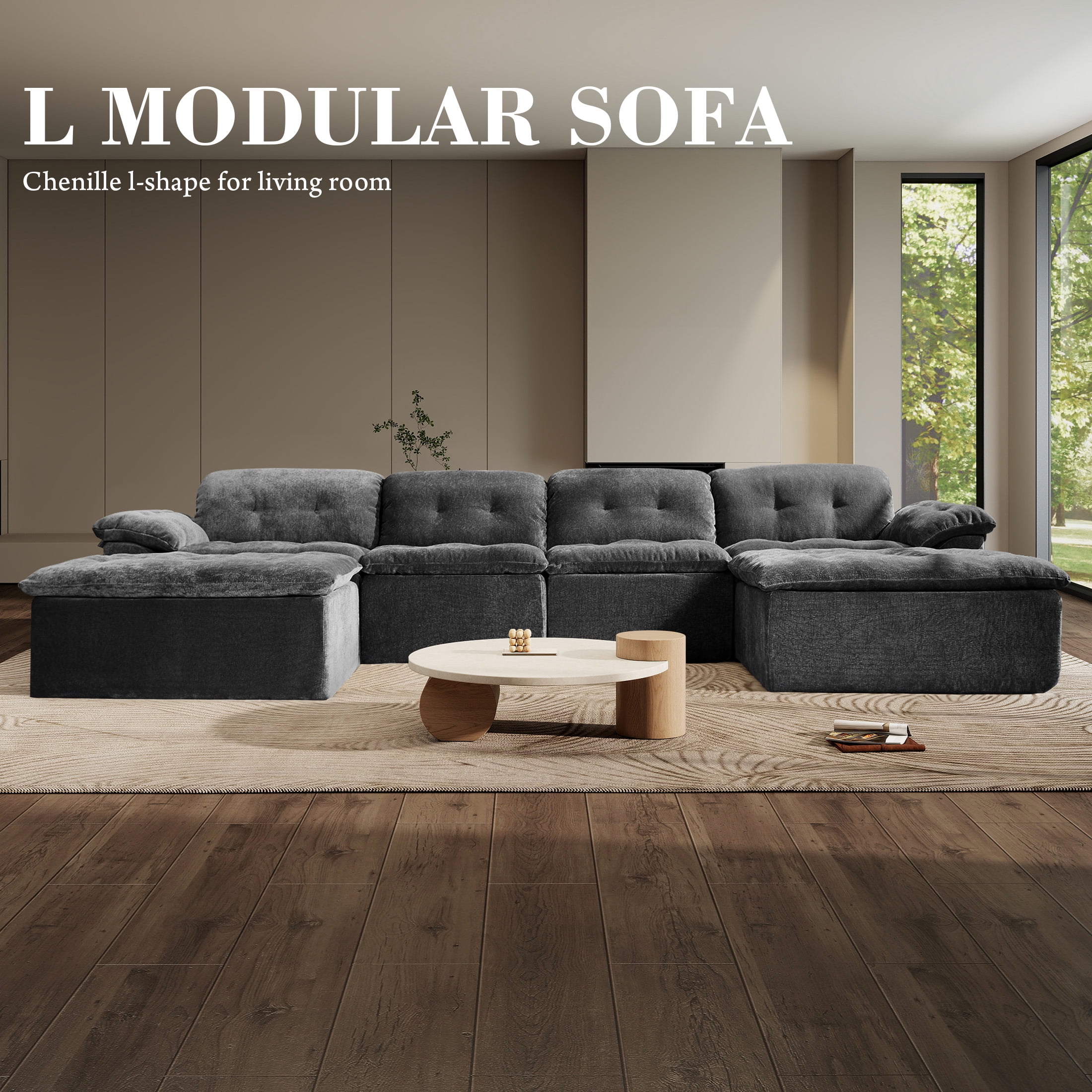 Aukfa 6-Piece U-Shaped Modular Sectional Sofa with 2 Ottomans for Living Room, Ice Flower Chenille, Gray