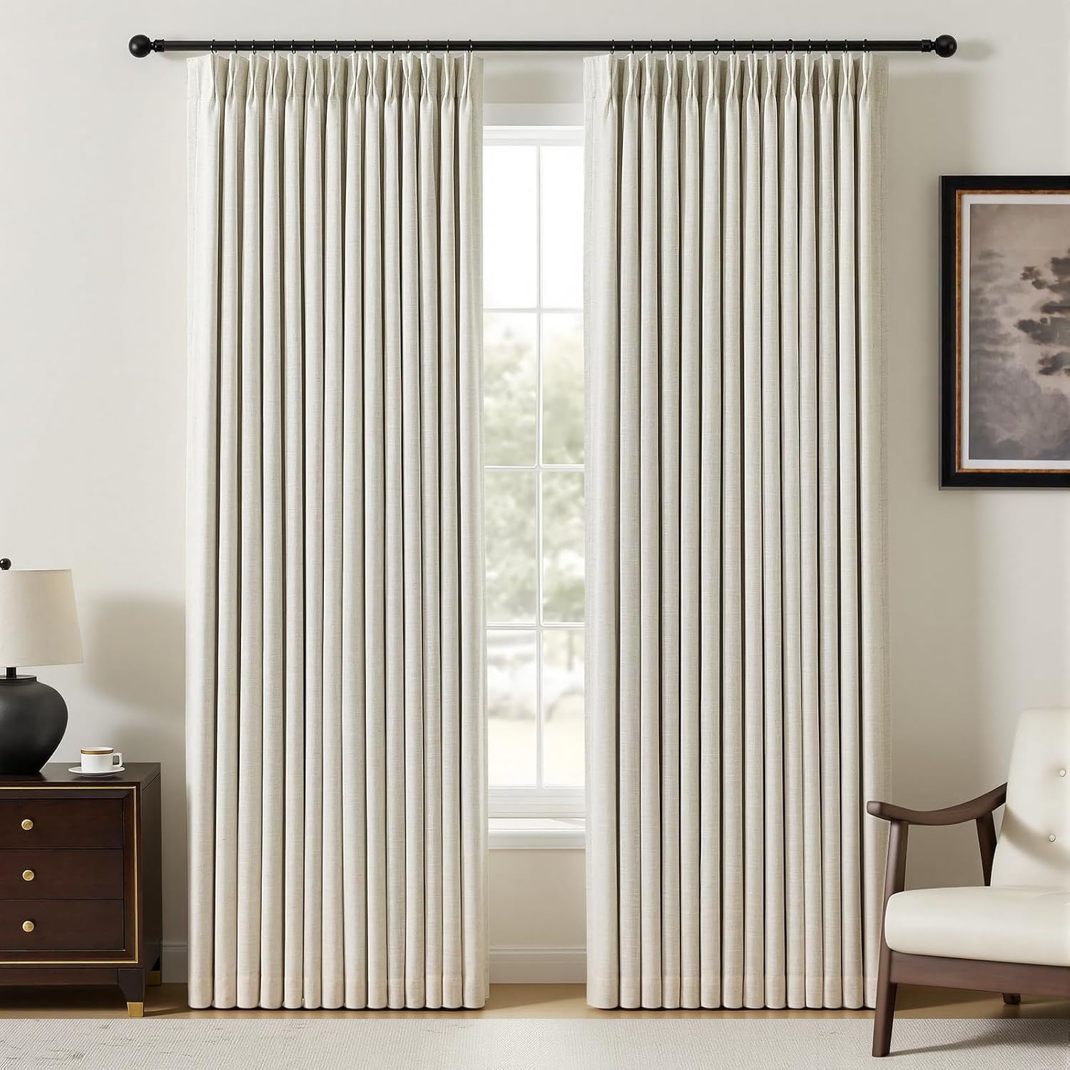 Nalqet Pinch Pleated Linen Curtains 100% Blackout 90 Inches Long for Living Room Bedroom, Thermal Insulated Room Darkening Window Drapes with Rings Hooks, 2 Panels, Natural, 40"Wx90"L