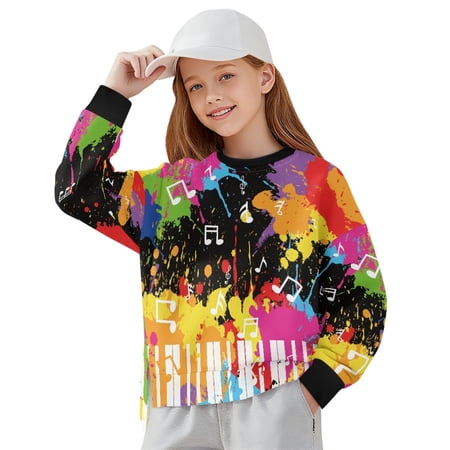 Xoenoiee Music Note Paint Splatter Print Girls Oversized Crewneck Sweatshirt Side Slit Long Sleeve Pullover Slouchy Fit Tops for Running Hiking 5-6 Years