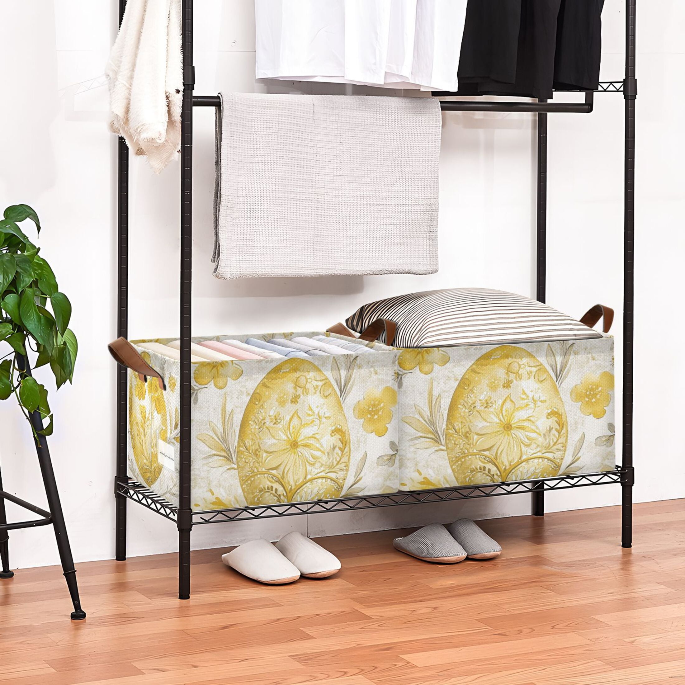 Gold Easter Eggs Foldable Storage Large Fabric Storage Baskets Organizer Storage Bins with Handles for Shelves